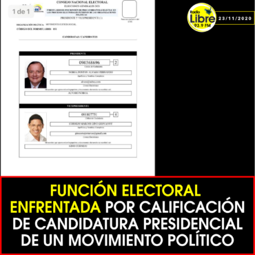 FUNCIÓN ELECTORAL ENFRENTADA POR CALIFICACIÓN DE CANDIDATURA PRESIDENCIAL DE UN MOVIMIENTO POLÍTICO