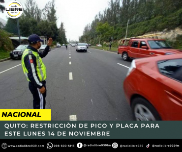 QUITO: RESTRICCIÒN DE PICO Y PLACA PARA ESTE LUNES 14 DE NOVIEMBRE